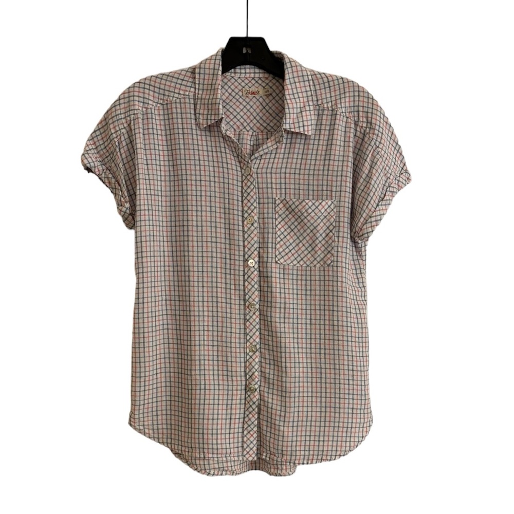 FAHERTY Linen Plaid Red and White Short Sleeved Button Down - Picture 1 of 11